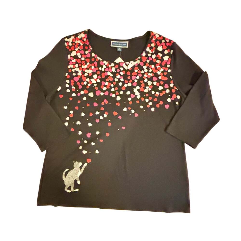 Karen Scott Whimsy Cat Dreams of Hearts Sparkle XL 3/4 sleeve top blouse